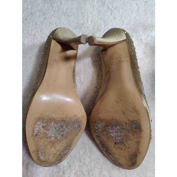 Stuart Weitzman gold satin rhinestone open toe pumps, size 6 medium - Picture 6 of 7
